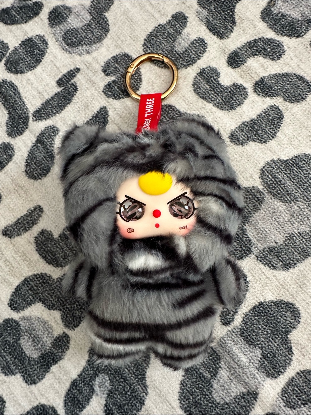 Grey Striped Baby Three Cat Plush Keychain